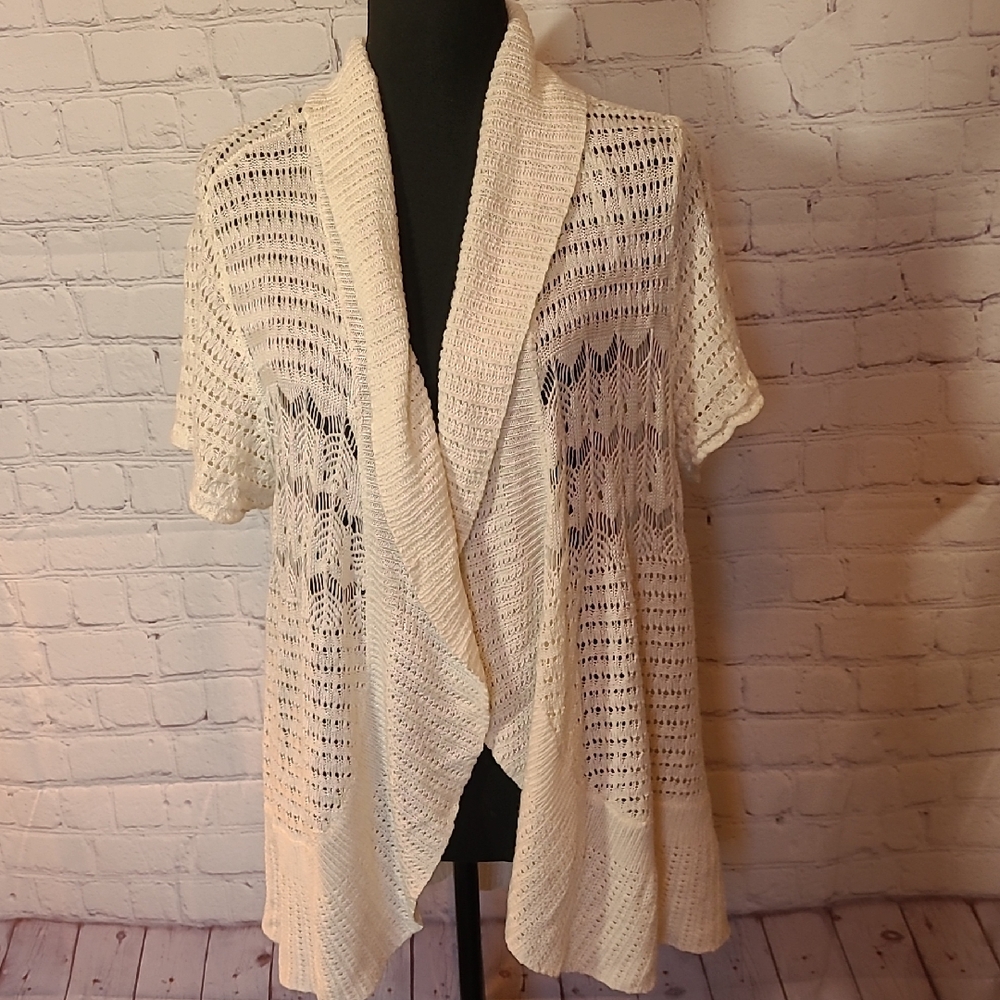 Cream Open-Front Size 18/20W Cato Short Sleeve Crochet Lightweight Cardigan